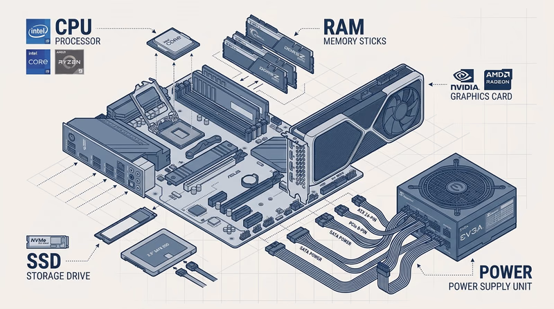 Exploded diagram layout showing desktop PC hardware components including CPU, GPU, RAM, motherboard, and power supply