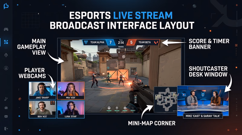 Diagram illustrating an esports stream layout showing match camera view, minimap, player cams, score header, and shoutcaster window