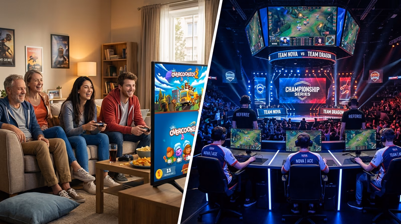 Split-frame comparison of casual couch gaming versus an organized esports tournament stage with headsets, referee, and spectators
