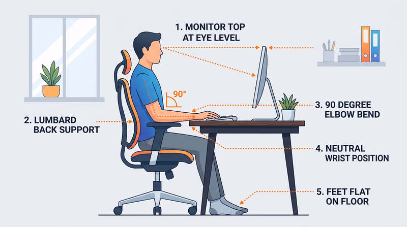 Clean diagram illustrating healthy ergonomic desk posture with labeled monitor eye level, neutral wrist position, back support angle, and 90-degree knee bend