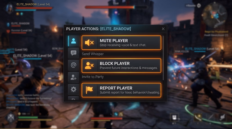 Close-up annotated player action menu showing highlighted Mute, Block, and Report control icons on a game interface overlay