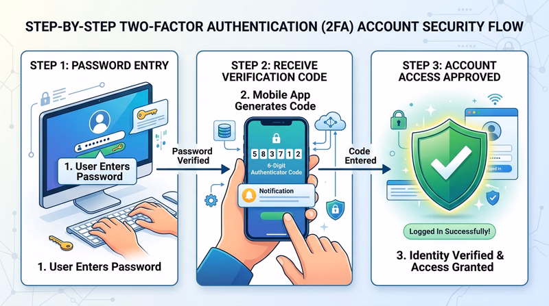 Step-by-step diagram showing account login with primary password followed by mobile authenticator app verification code prompt