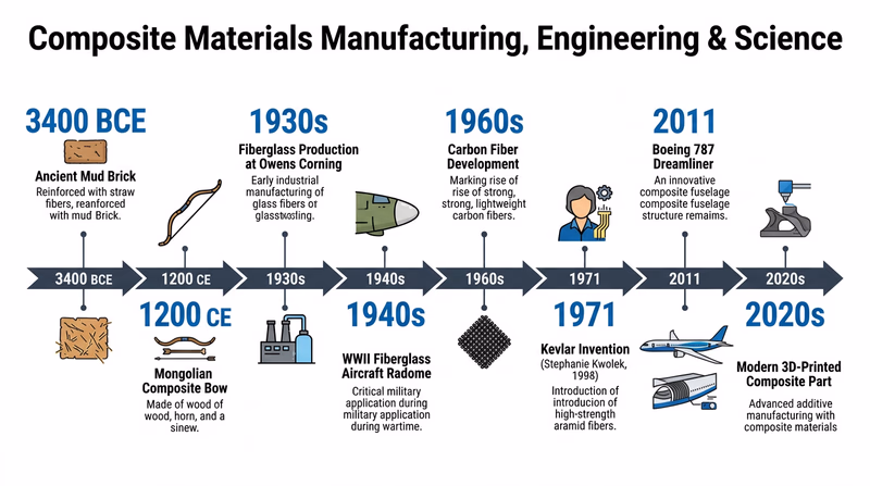 Timeline showing key milestones in composite materials history from ancient mud bricks to modern carbon fiber aircraft