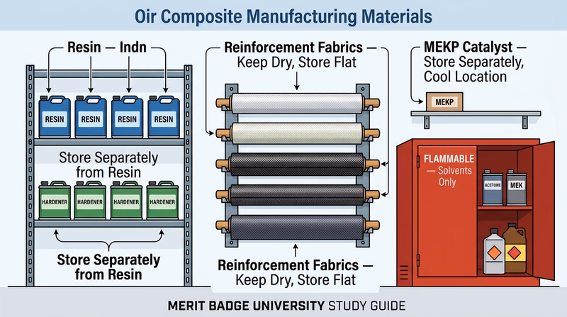 A well-organized workshop storage area showing labeled shelves for composite materials: resin containers on one shelf, hardener on a separate shelf, rolled fiberglass fabric stored horizontally, and a red flammable liquids cabinet for solvents