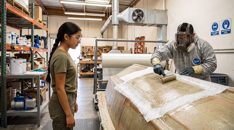 A teenager in safety glasses observing a technician performing a hand lay-up in a composites manufacturing shop