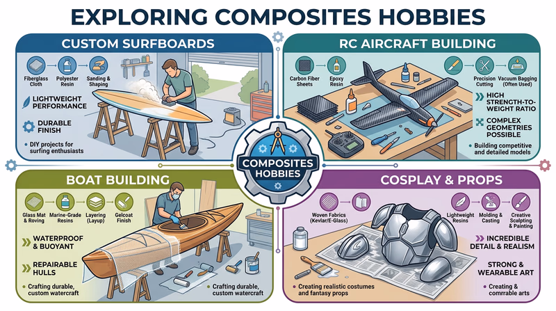 Four hobby applications of composites: custom surfboards, RC aircraft building, boat building, and cosplay prop making