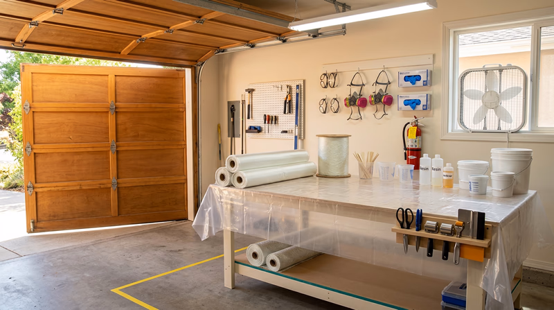 A well-organized composites workspace in a garage with the door open, showing a covered work table, ventilation fan, PPE, and fire extinguisher