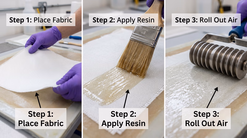 Step-by-step hand lay-up process showing placing fiberglass fabric on a mold, wetting out with resin, and rolling out air bubbles