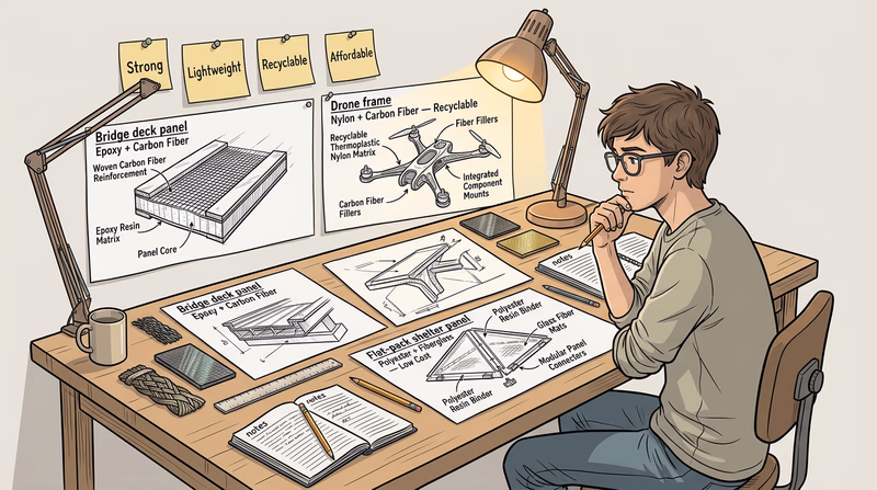 A teenager at a desk with sketches and notes spread out, brainstorming new composite material applications