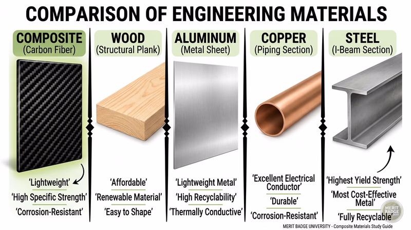 Side-by-side comparison of five material samples: a carbon fiber composite panel, a wooden plank, an aluminum sheet, a copper pipe, and a steel beam, each labeled with top properties