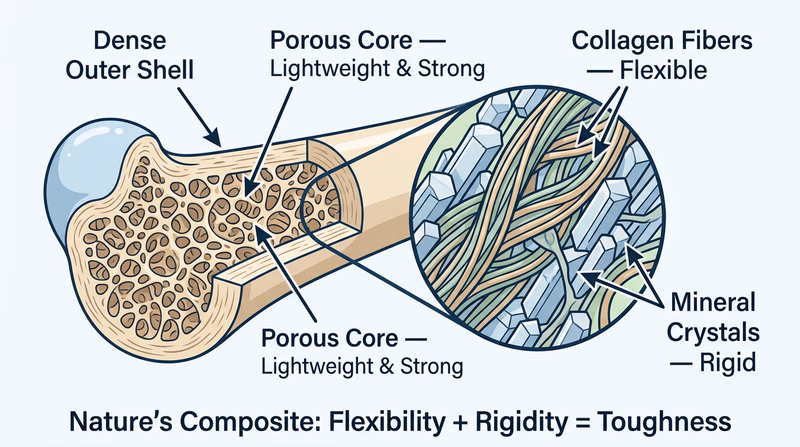 Cross-section diagram of a piece of bone showing the collagen fibers and mineral crystals that make it a natural composite material