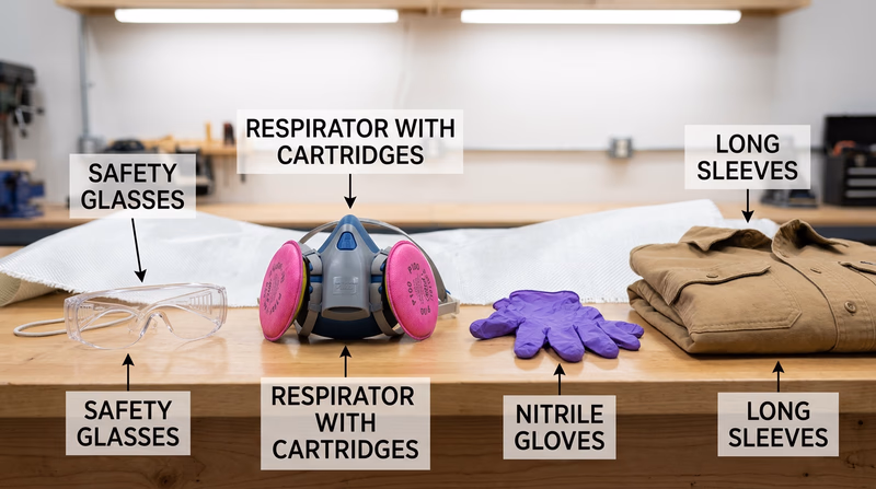 Personal protective equipment for composites work laid out on a workbench: safety glasses, respirator with cartridges, nitrile gloves, and long-sleeve work shirt