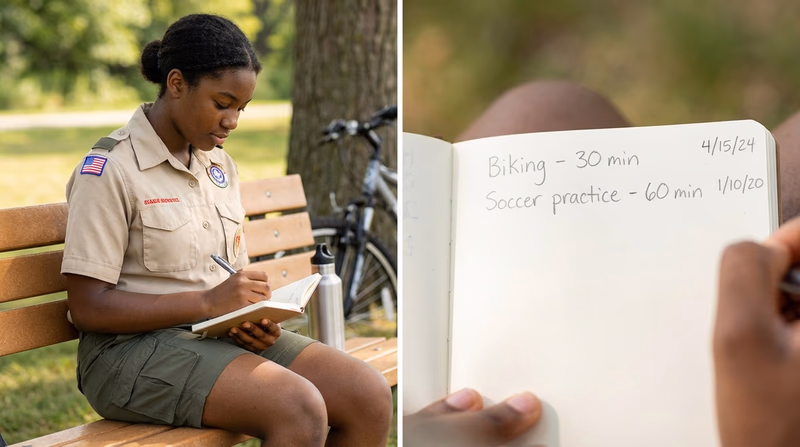 A Scout writing in a small notebook at a park bench, logging physical activities for the day, with a water bottle and a bicycle nearby