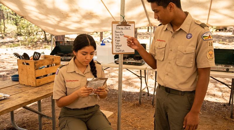 A Scout checking ingredient labels while another Scout points to a written list of allergies posted on a clipboard near the cooking area