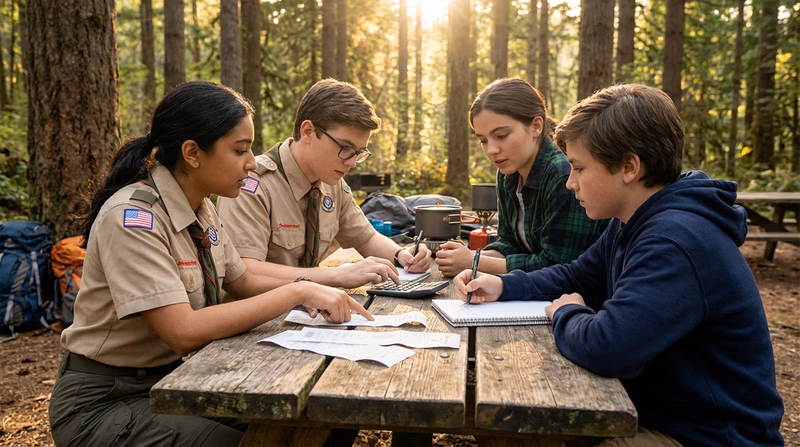 Scouts sitting around a picnic table with grocery receipts, a calculator, and a notebook, working out the per-person cost for their camp cooking trip
