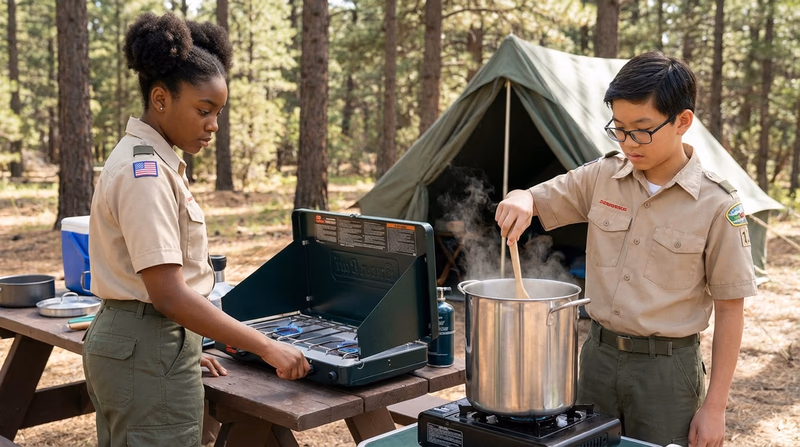 Scouts cooking over a camp stove at a campsite with a picnic table and trees in the background, wearing clean uniforms