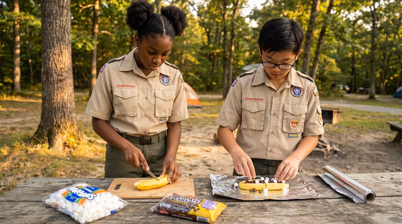 Scouts preparing banana boats at a camp kitchen — splitting bananas, adding chocolate chips and marshmallows, with foil wrapping supplies on the table