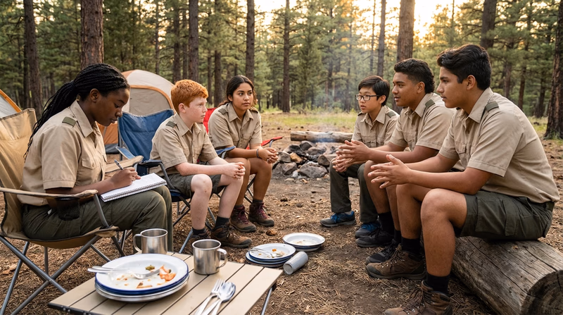 A patrol of Scouts sitting in a circle at camp after a meal, with one Scout taking notes while others share their feedback about the meal