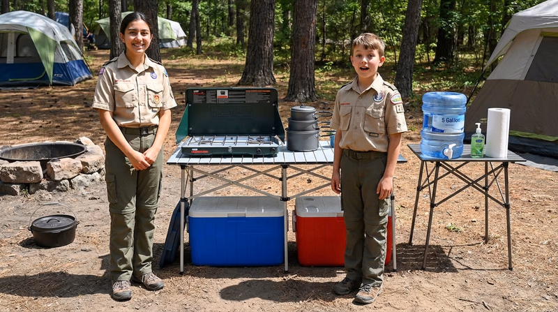 A well-organized camp kitchen with a camp stove on a table, a Dutch oven near a fire ring, coolers underneath, and a hand-washing station, with Scouts in clean uniforms preparing to cook