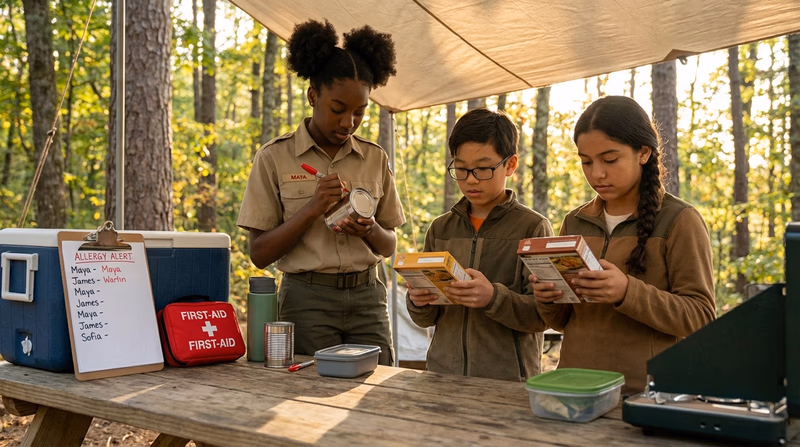 Scouts at a camp kitchen table checking food packages and marking allergens with a permanent marker, with a posted allergy list visible on a clipboard