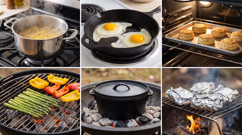 A grid showing six different cooking methods in action: a pot of boiling pasta, a skillet with pan-fried eggs, an oven with baking bread, a grill with vegetables, a Dutch oven over coals, and foil packets on a campfire grate