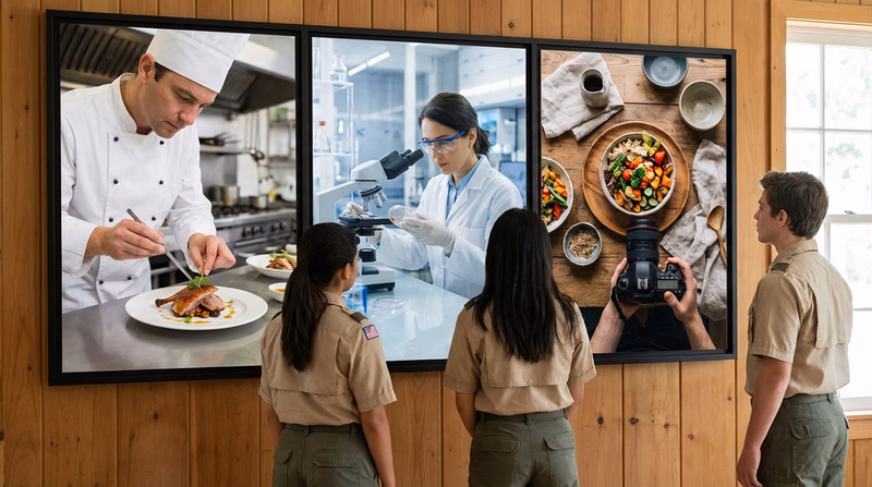 A split image showing three culinary career paths: a chef plating a dish in a professional kitchen, a food scientist in a lab coat examining samples, and a person photographing food for content creation