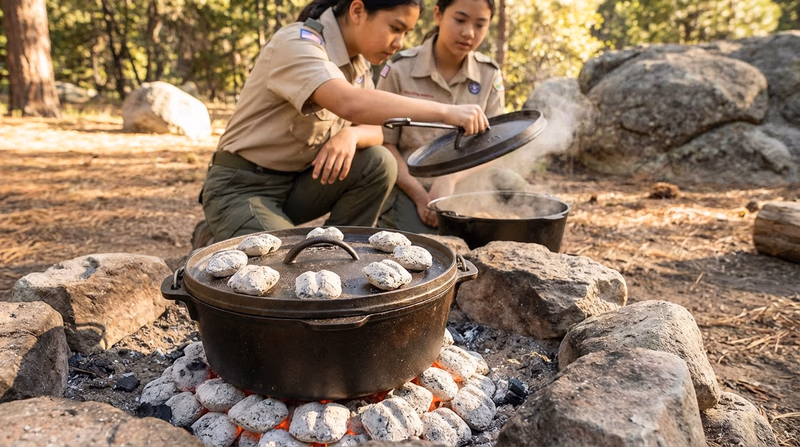 A Dutch oven sitting on a bed of charcoal briquettes with additional briquettes on the lid, in a camp setting with a Scout using a lid lifter to check inside