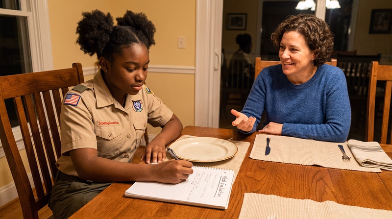 A Scout sitting at a dining table with an empty plate, writing in a notebook labeled "Meal Evaluation" while an adult family member smiles and offers feedback