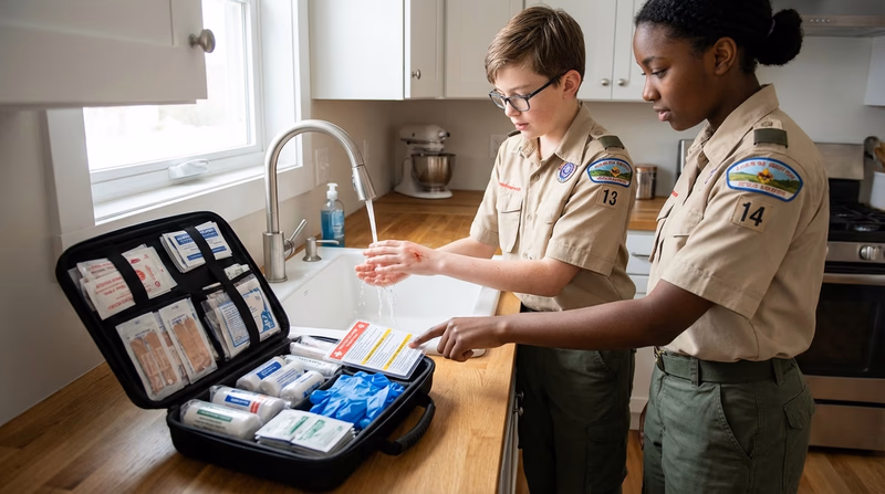 A first-aid kit open on a kitchen counter showing bandages, gauze, antiseptic, and gloves, with a Scout demonstrating cooling a minor burn under running water
