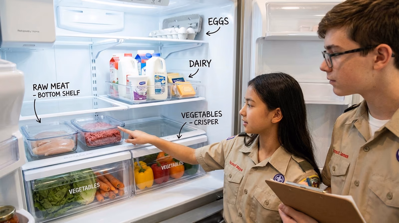 A well-organized refrigerator showing proper food placement: raw meats on the bottom shelf in sealed containers, dairy on a middle shelf, vegetables in the crisper, and eggs in their carton