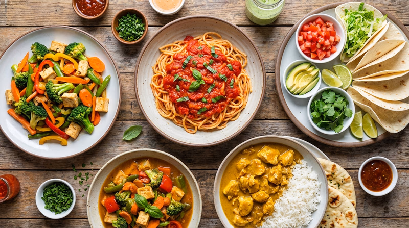 A colorful spread of dishes from different world cuisines arranged on a table, including pasta, stir-fry, tacos, and curry