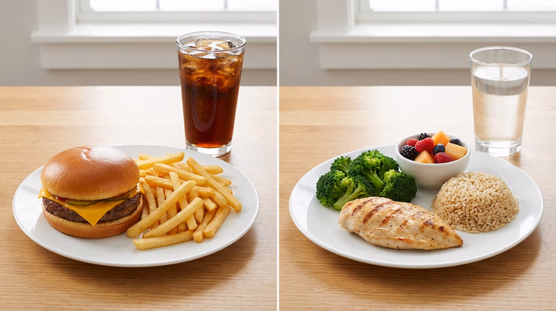 Side-by-side comparison of two plates: one with a typical teen meal (burger, fries, soda) and one following MyPlate guidelines (grilled chicken, vegetables, brown rice, fruit, water)