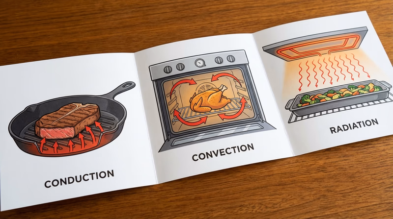 An educational diagram showing the three types of heat transfer in cooking: conduction (steak on a skillet), convection (hot air circulating in an oven), and radiation (heat waves from a broiler element to food)
