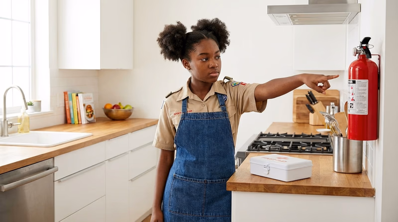 A Scout doing a safety check in a kitchen, pointing to a fire extinguisher on the wall, with a first-aid kit on the counter