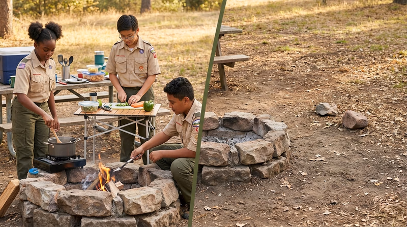 A campsite cooking area shown in a before-and-after split: the left shows Scouts cooking, the right shows the same area after cleanup — spotless, with no trace of cooking activity