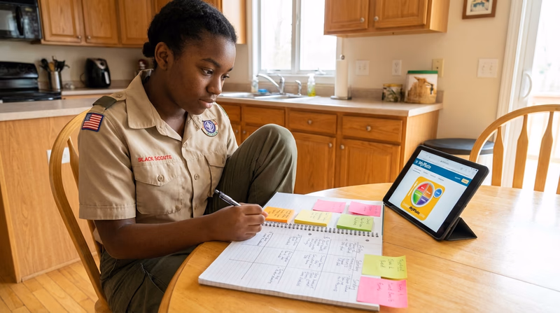 A Scout sitting at a kitchen table with a notebook, the MyPlate guide open on a tablet, and a pencil, planning a three-day menu