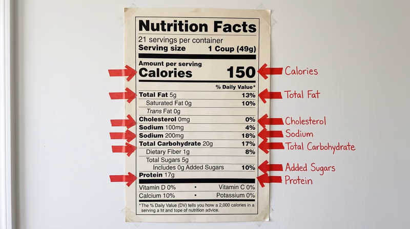 A large Nutrition Facts label with arrows pointing to each key term (calories, fat, saturated fat, trans fat, cholesterol, sodium, carbohydrate, fiber, sugar, protein) with brief explanations