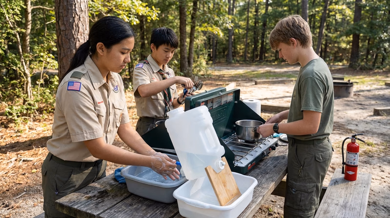 A campsite cooking area with a camp stove on a stable surface, fire extinguisher nearby, and a Scout washing hands at a portable hand-washing station