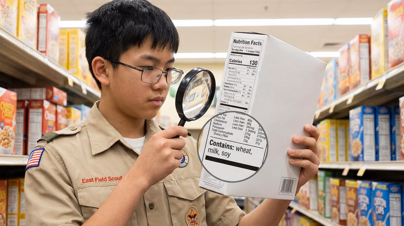 A Scout holding a food package and examining the Nutrition Facts label and ingredients list closely, with a magnifying glass highlighting the "Contains" allergen statement