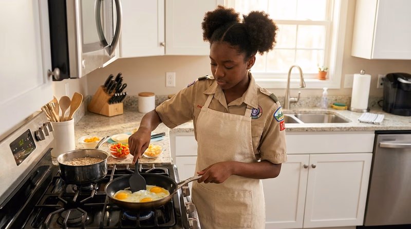 A Scout at a home kitchen stove, pan-frying eggs in a skillet while a pot of oatmeal simmers on the back burner, with a clean and organized workspace
