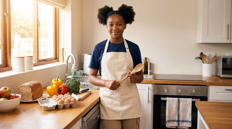 A Scout standing in a clean kitchen wearing an apron, holding a wooden spoon, with fresh ingredients spread on the counter