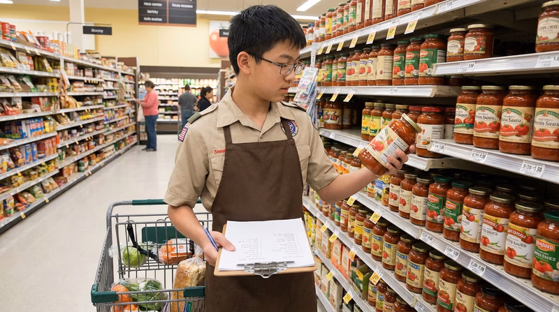 A Scout at a grocery store with a shopping list on a clipboard, comparing prices on two brands of pasta sauce while standing in the aisle