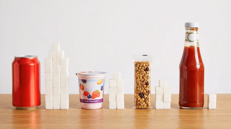 A table showing common foods with their sugar content measured in sugar cubes stacked beside each item: a soda, flavored yogurt, granola bar, and ketchup bottle