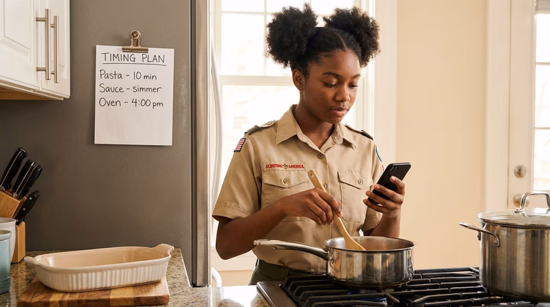 A Scout checking a kitchen timer while simultaneously stirring a pot on the stove, with a written timing plan posted on the refrigerator door behind them