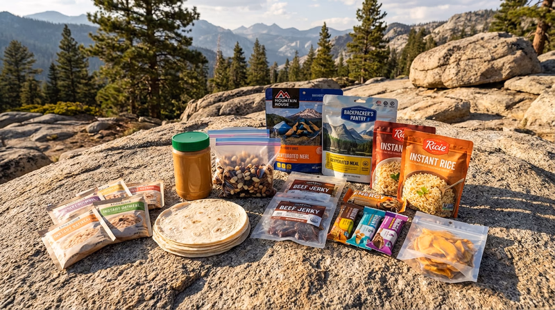An array of trail-appropriate foods laid out on a flat rock: instant oatmeal packets, tortillas, peanut butter, trail mix, jerky, dehydrated meal pouches, instant rice, and energy bars