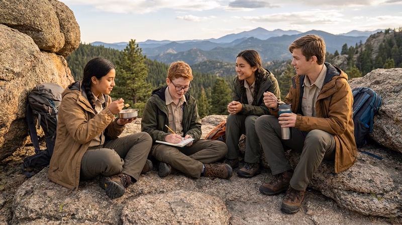 A group of hikers sitting on rocks at a scenic overlook, eating from lightweight bowls while one Scout takes notes in a small notebook