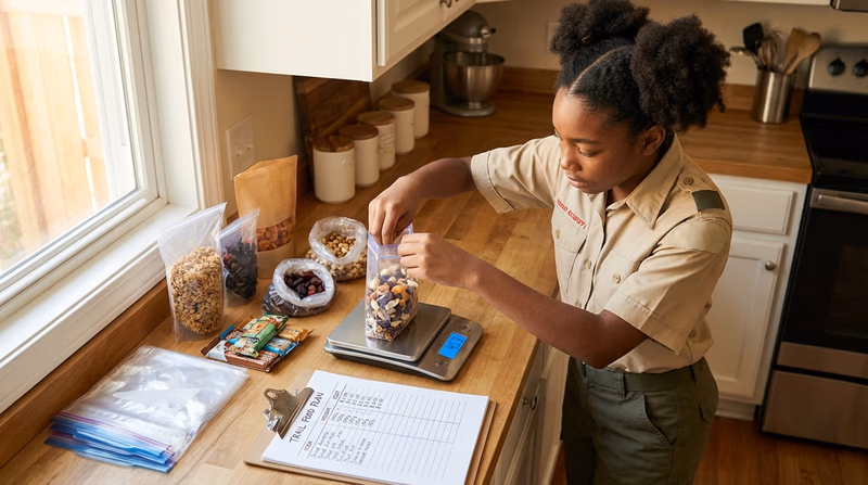 A Scout at a kitchen counter weighing trail food on a kitchen scale and recording the weight on a shopping list, with bags of dried food and energy bars spread out
