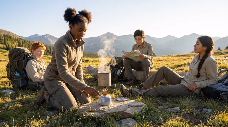 A Scout operating a small canister backpacking stove on a flat rock, boiling water in a lightweight pot, with a group of hikers resting with their packs nearby in a mountain meadow