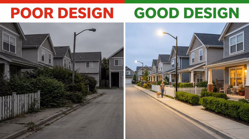 Side-by-side comparison of a residential street — left side shows neglected design with overgrown bushes and broken streetlight; right side shows good design with trimmed landscaping and bright lighting