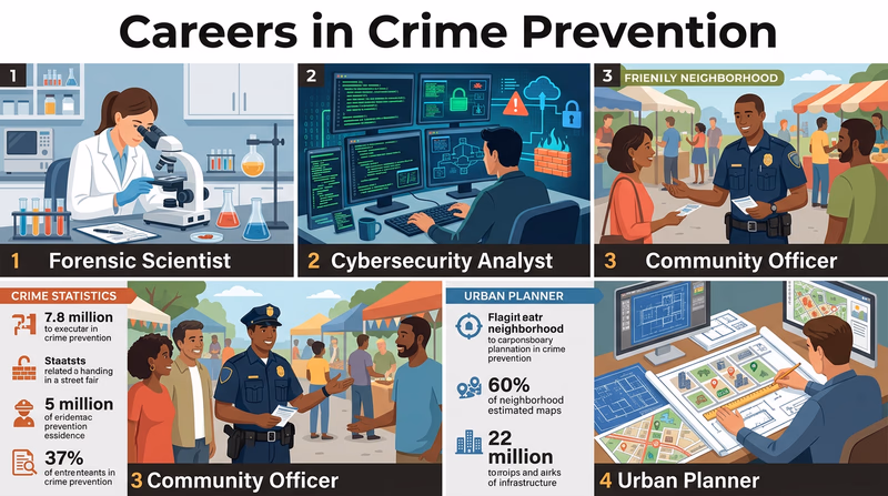 A four-panel infographic showing different crime prevention careers — forensic scientist, cybersecurity analyst, community officer, and urban planner